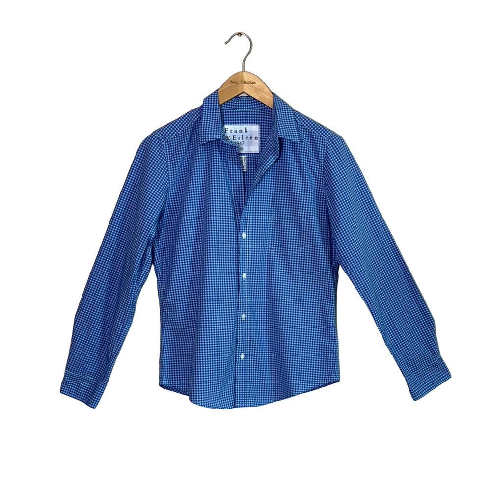 FRANK & EILEEN Women Medium Barry Cotton Blue Purple Gingham Long Sleeve Shirt